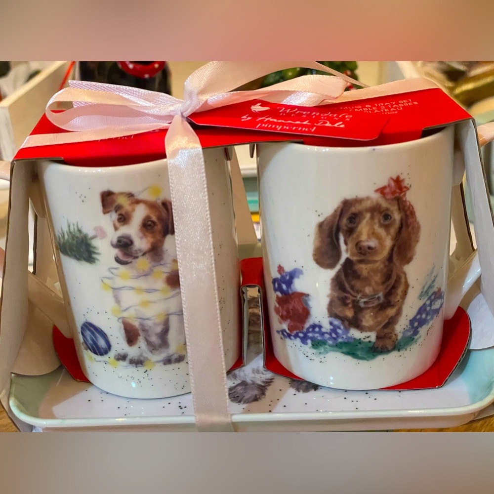 Dachshund Christmas mug and tray set plus friend mug 3 piece Wrendale Designs
